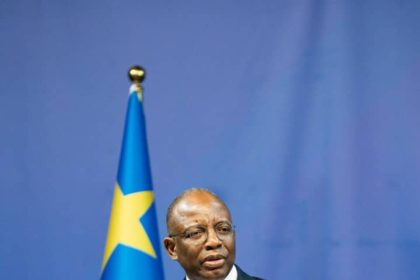 Ministre de la Justice lors d'un point de presse à Kinshasa, Guillaume Ng'ara Ataondoka Andali, photo 2025.