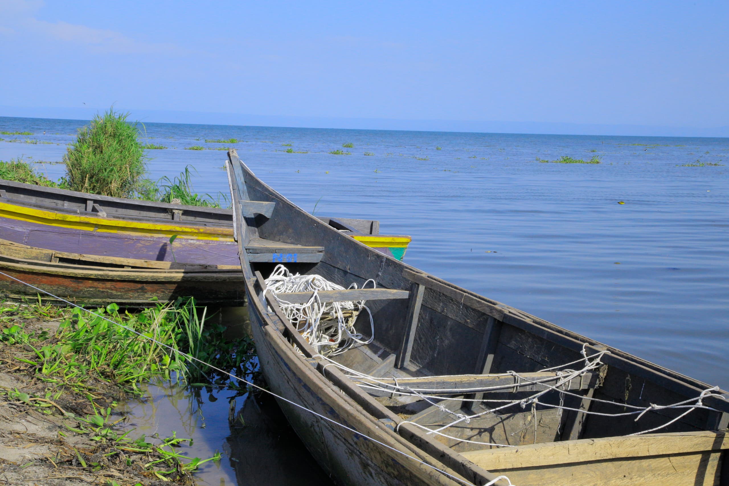 Des pirogues de pêche amarrées sur les rives du lac Albert, à Kasenyi, en Ituri. Photo : Visibilité Média Pro, mai 2025.